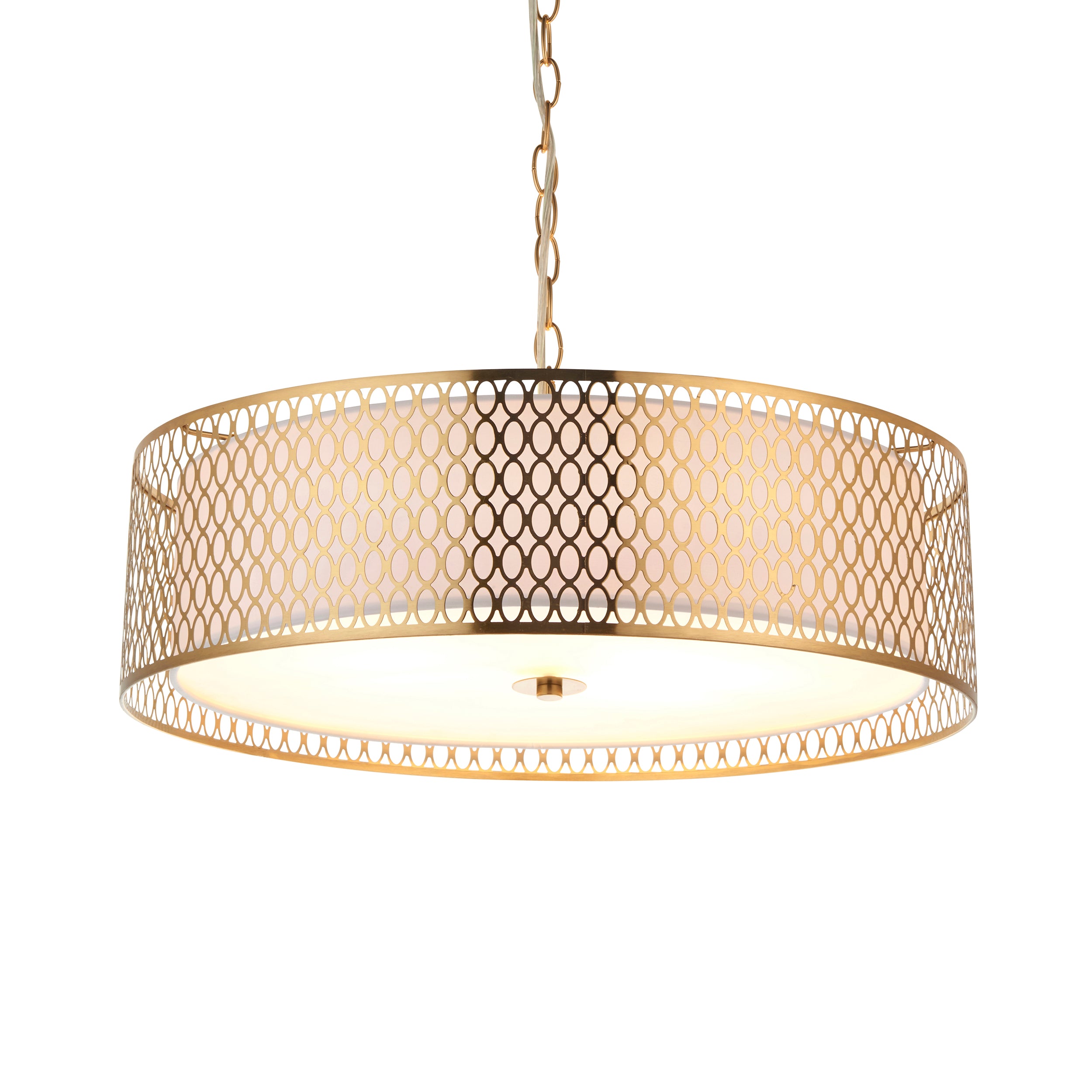 Cordero 3 Light Pendant. Gold Effect Plate, White Fabric & Frosted Glass