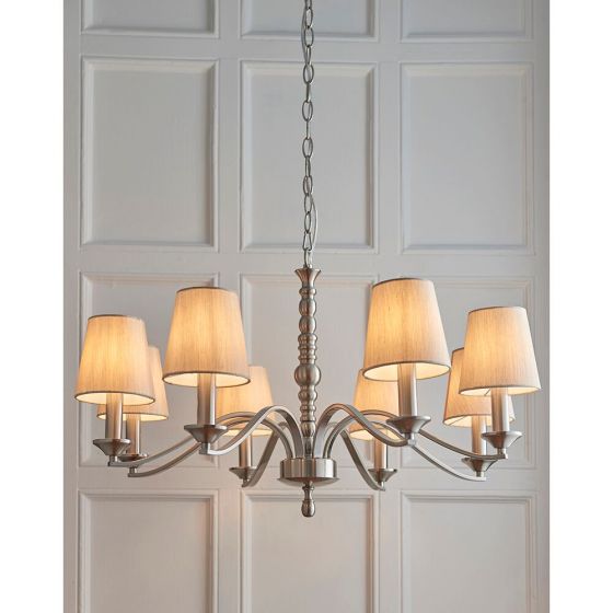 Astaire Classic 8 Light Pendant In Satin Nickel With Natural Cotton Shades