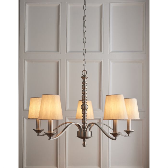 Astaire Classic 5 Light Pendant In Satin Nickel With Natural Cotton Shades