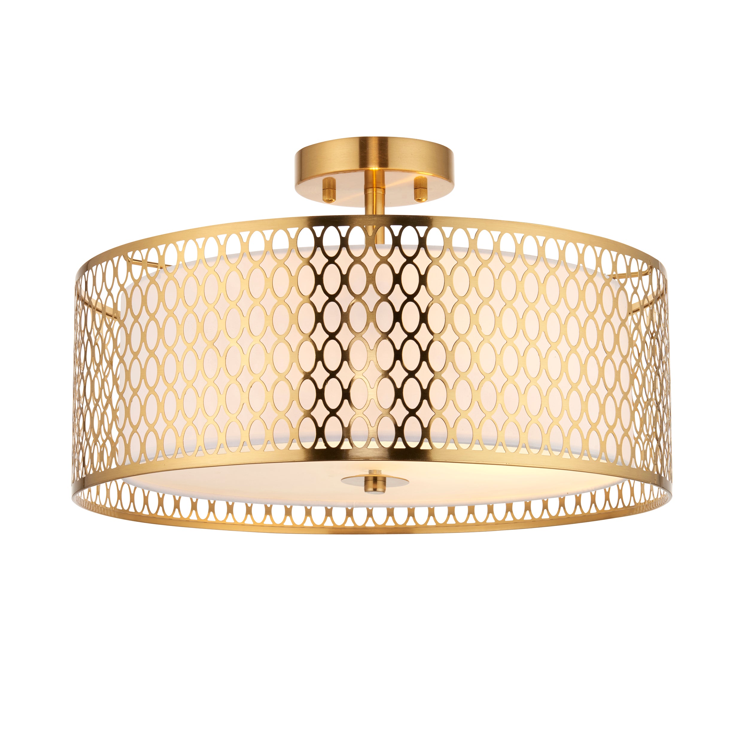Cordero Ceiling Light. Gold Effect Plate, White Fabric & Frosted Glass