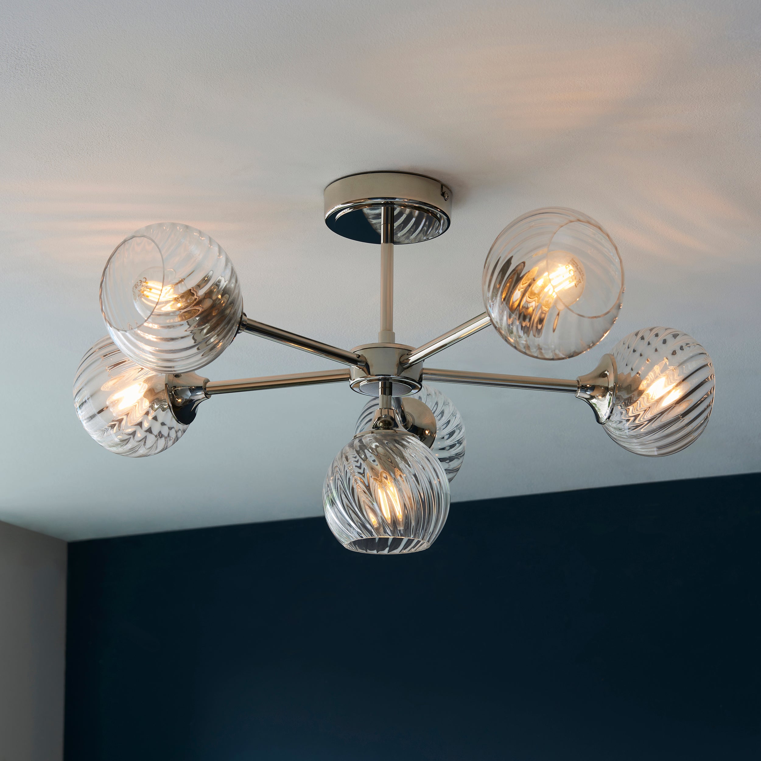 Allegra Bright Nickel & Spiral Glass 6 Arm Ceiling Light