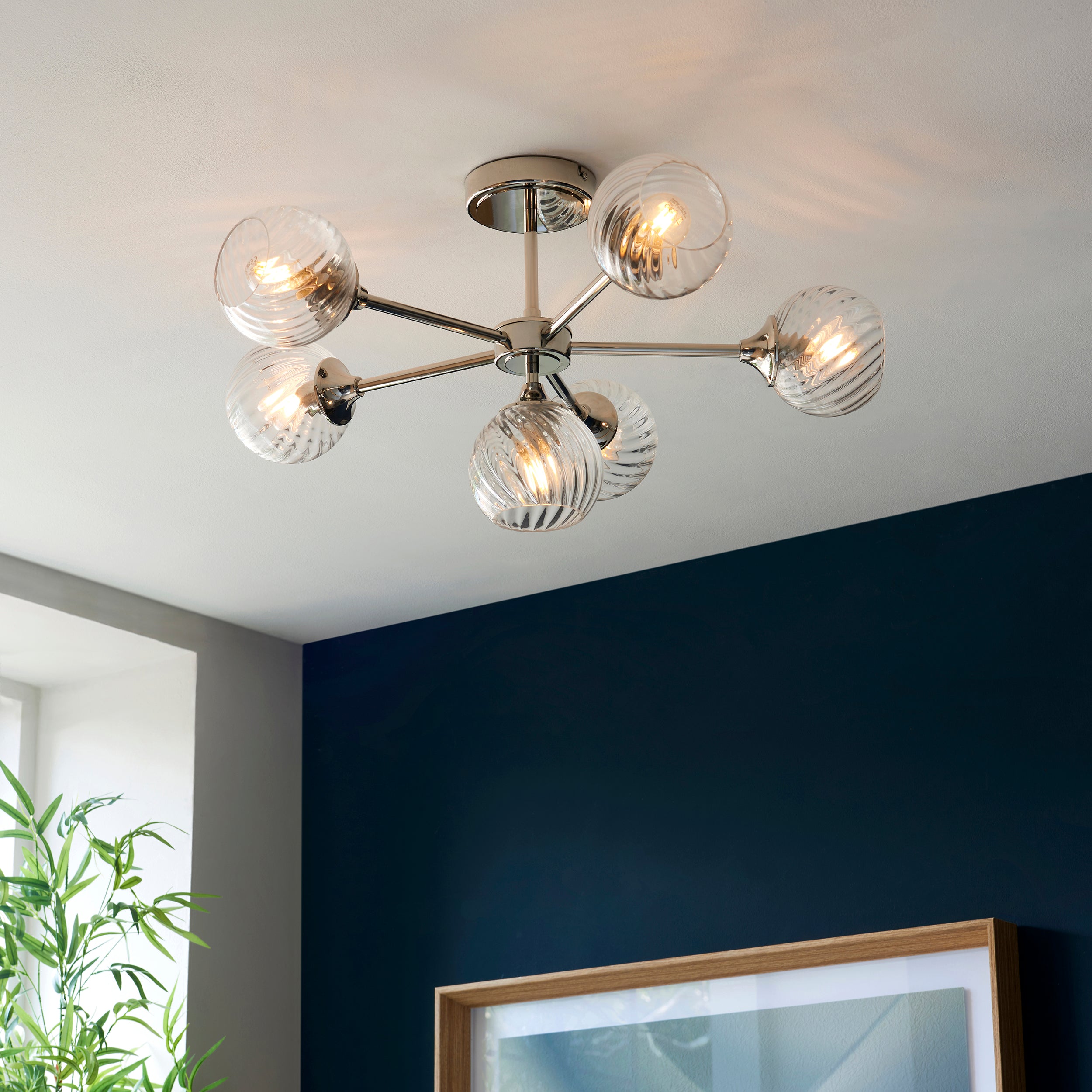 Allegra Bright Nickel & Spiral Glass 6 Arm Ceiling Light