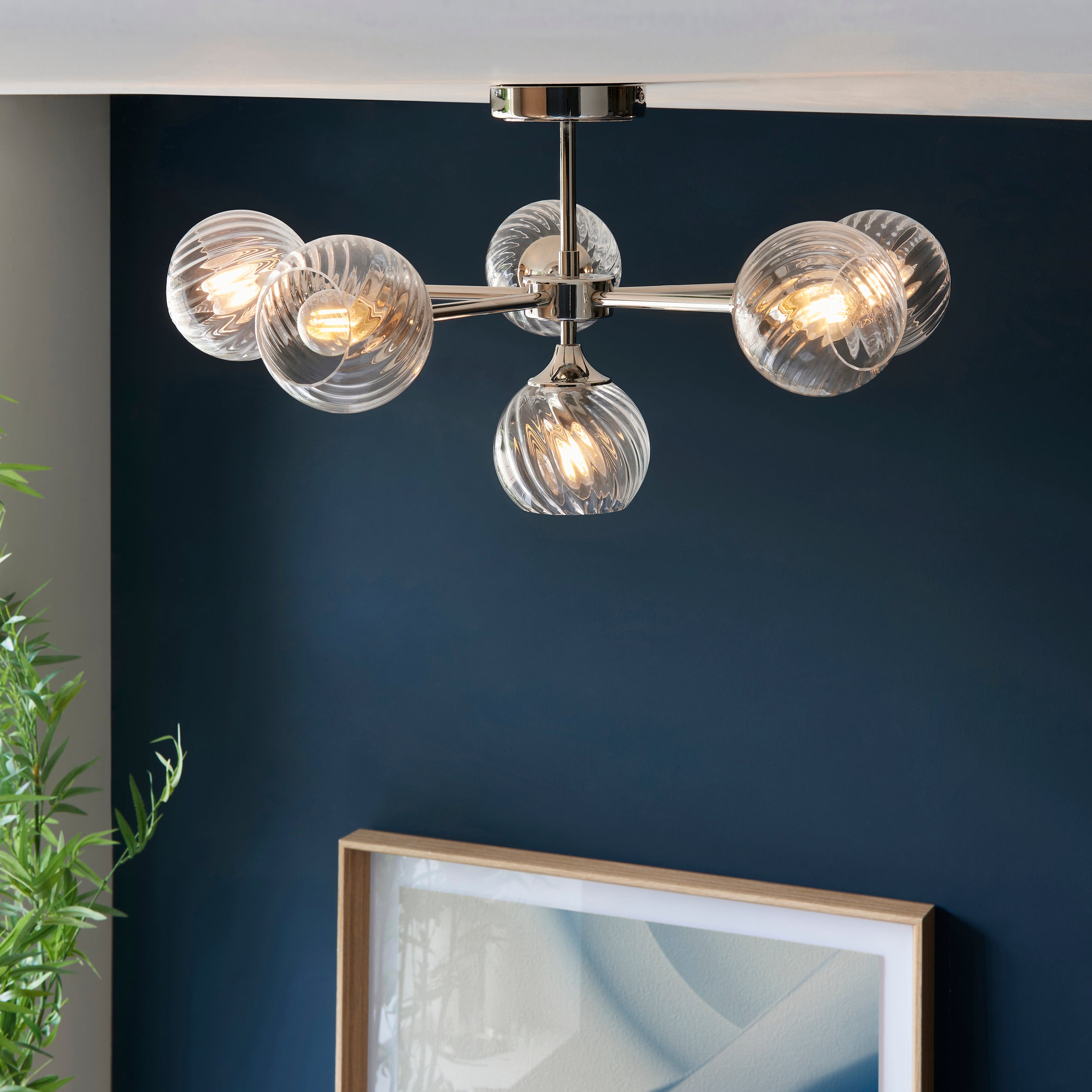 Allegra Bright Nickel & Spiral Glass 6 Arm Ceiling Light