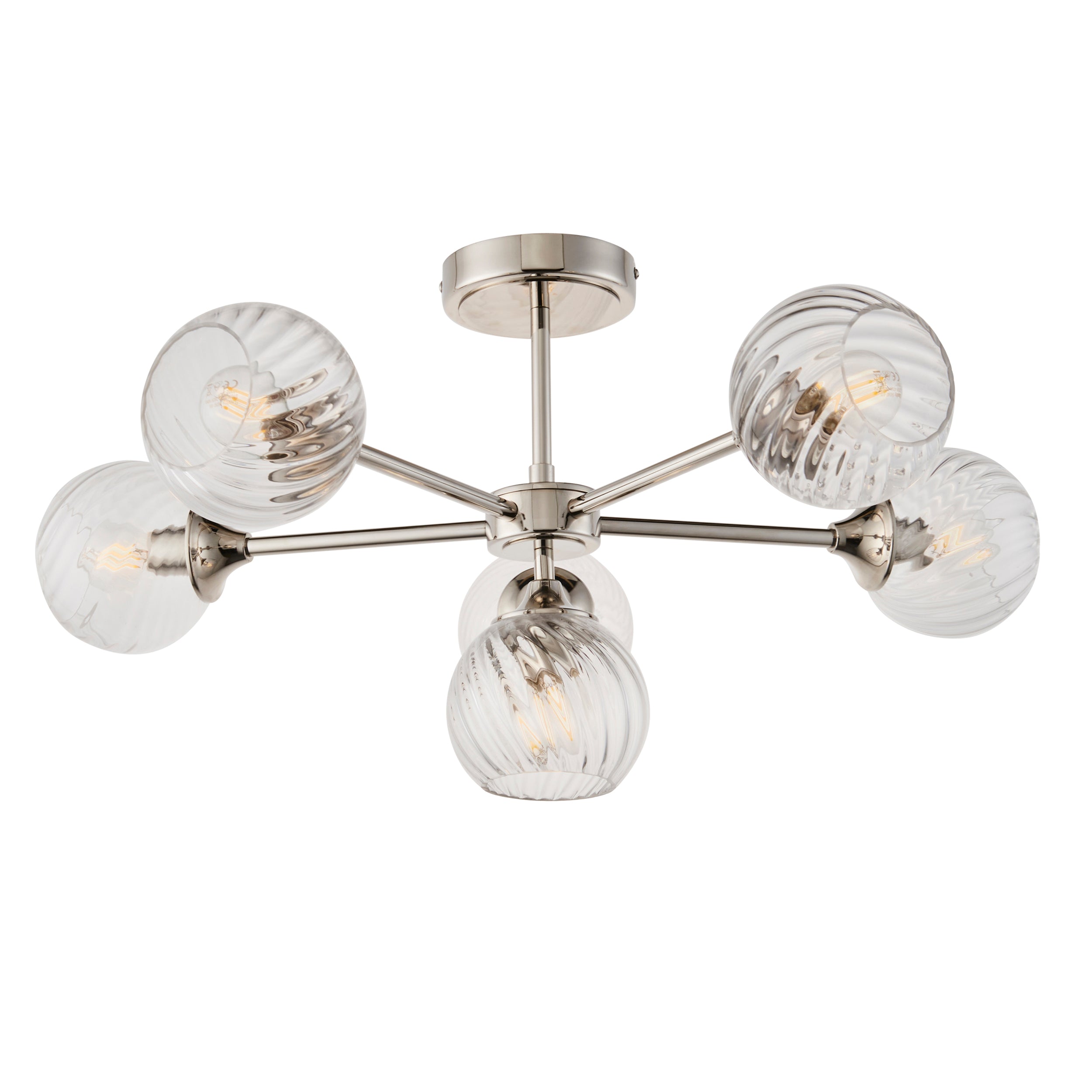 Allegra Bright Nickel & Spiral Glass 6 Arm Ceiling Light