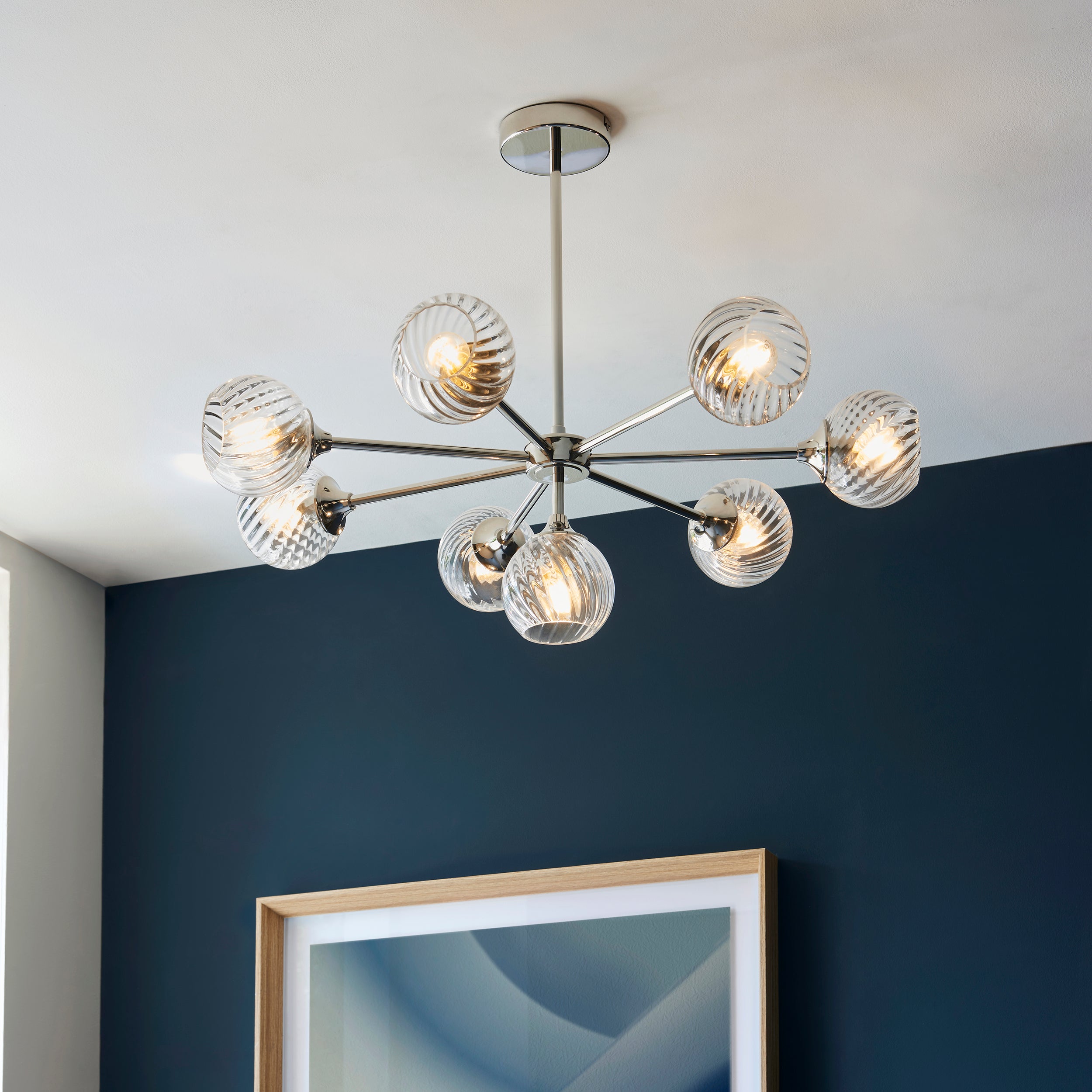 Allegra Bright Nickel & Spiral Glass 8 Arm Ceiling Light