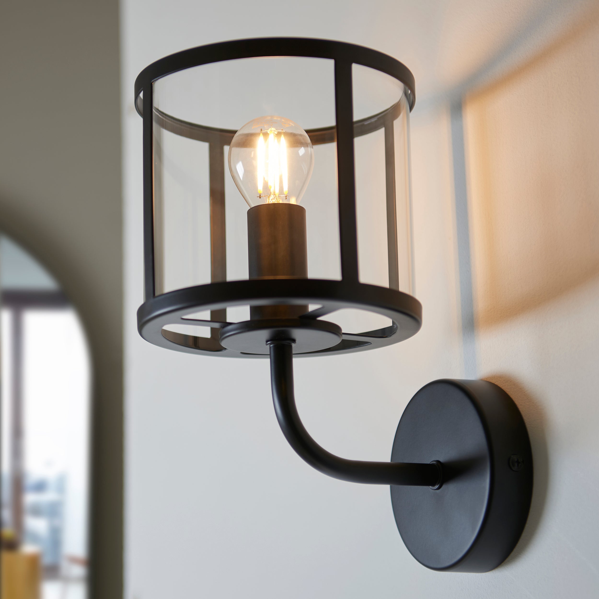 Hopton Simple Matt Black and Glass Wall Light