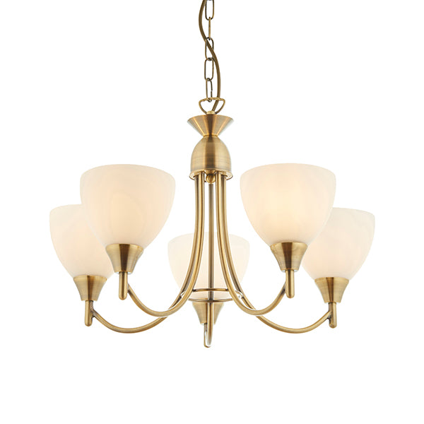 Alton Traditional 5 Light Pendant In Antique Brass With Opal Shades