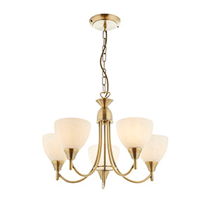 Alton Traditional 5 Light Pendant In Antique Brass With Opal Shades