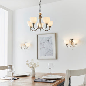 Alton Traditional 5 Light Pendant In Satin Chrome With Opal Shades