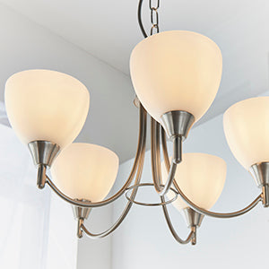 Alton Traditional 5 Light Pendant In Satin Chrome With Opal Shades
