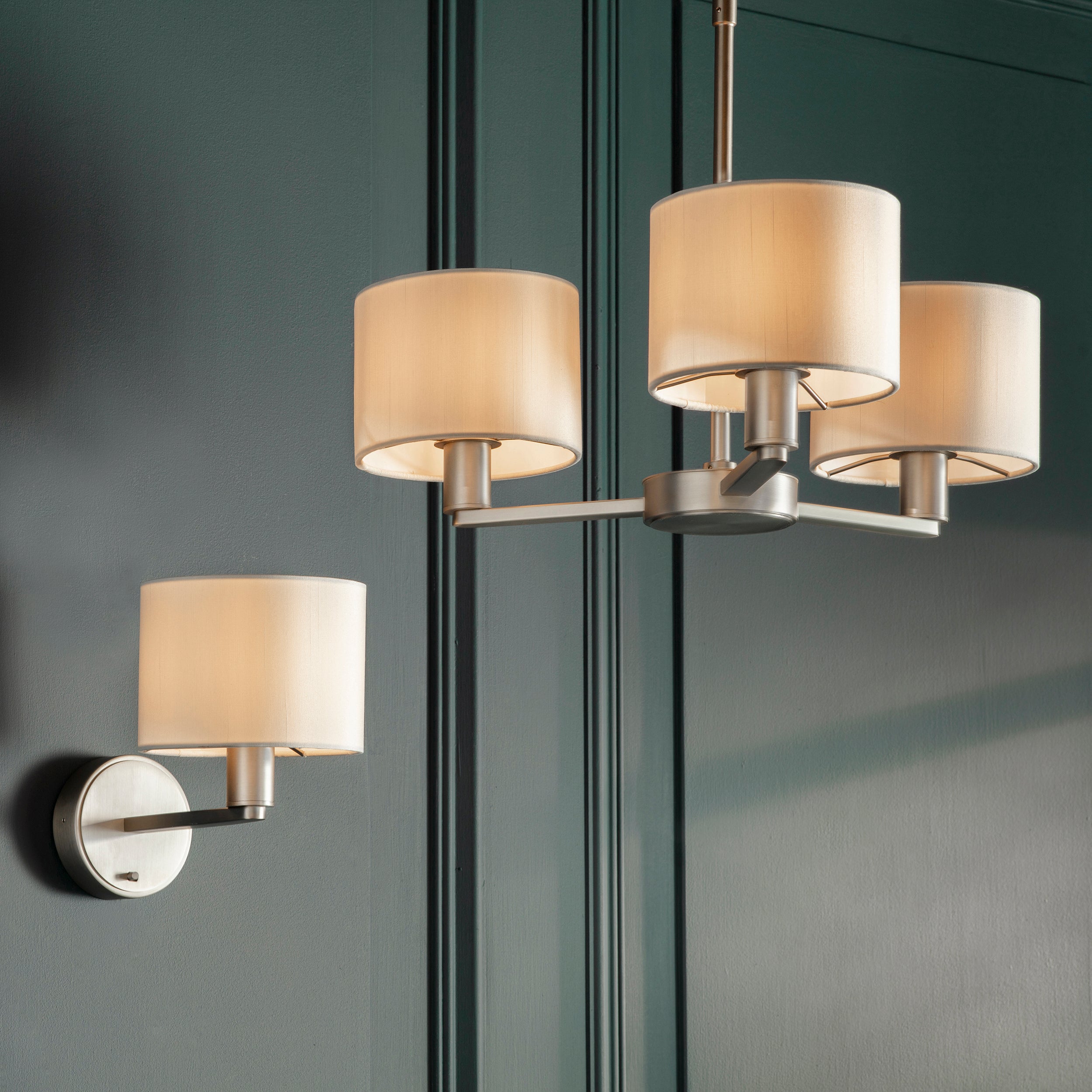 Daley 3 Light Pendant. Nickel With Vintage White Shades