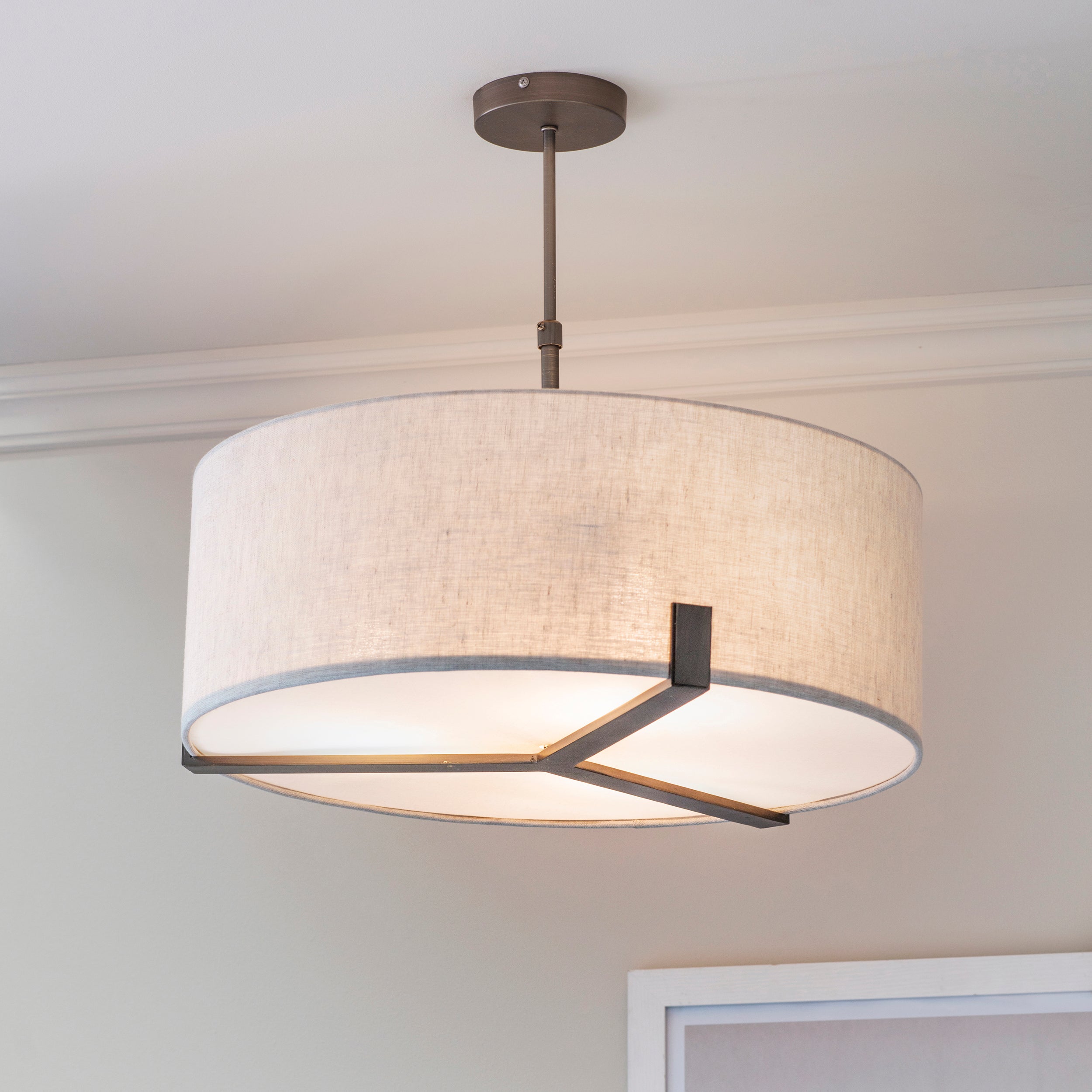 Hayfield 3 Light Pendant. Bronze With Natural Linen Shade