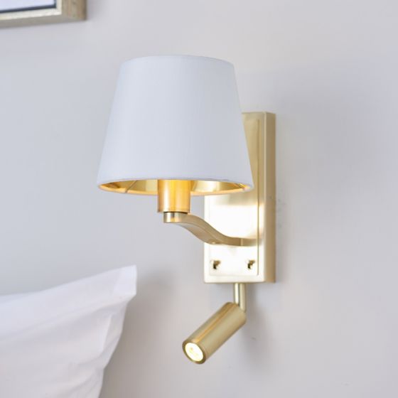 Bart Reading Wall Light With 3W Hi Power LED Focus Light. Gold & White Faux Silk