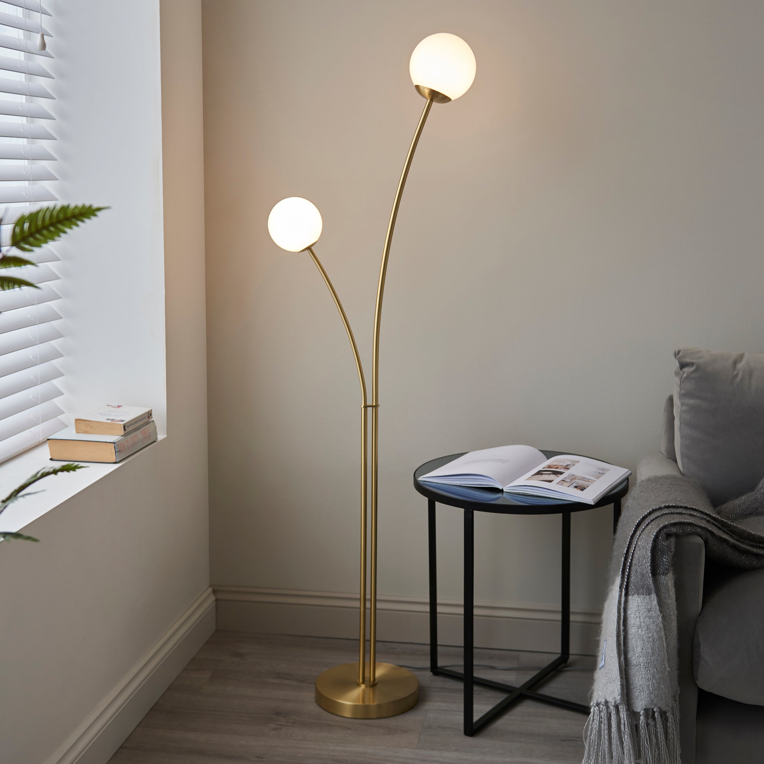 Bloom Floor Lamp. Satin Brass Plate & Opal Glass