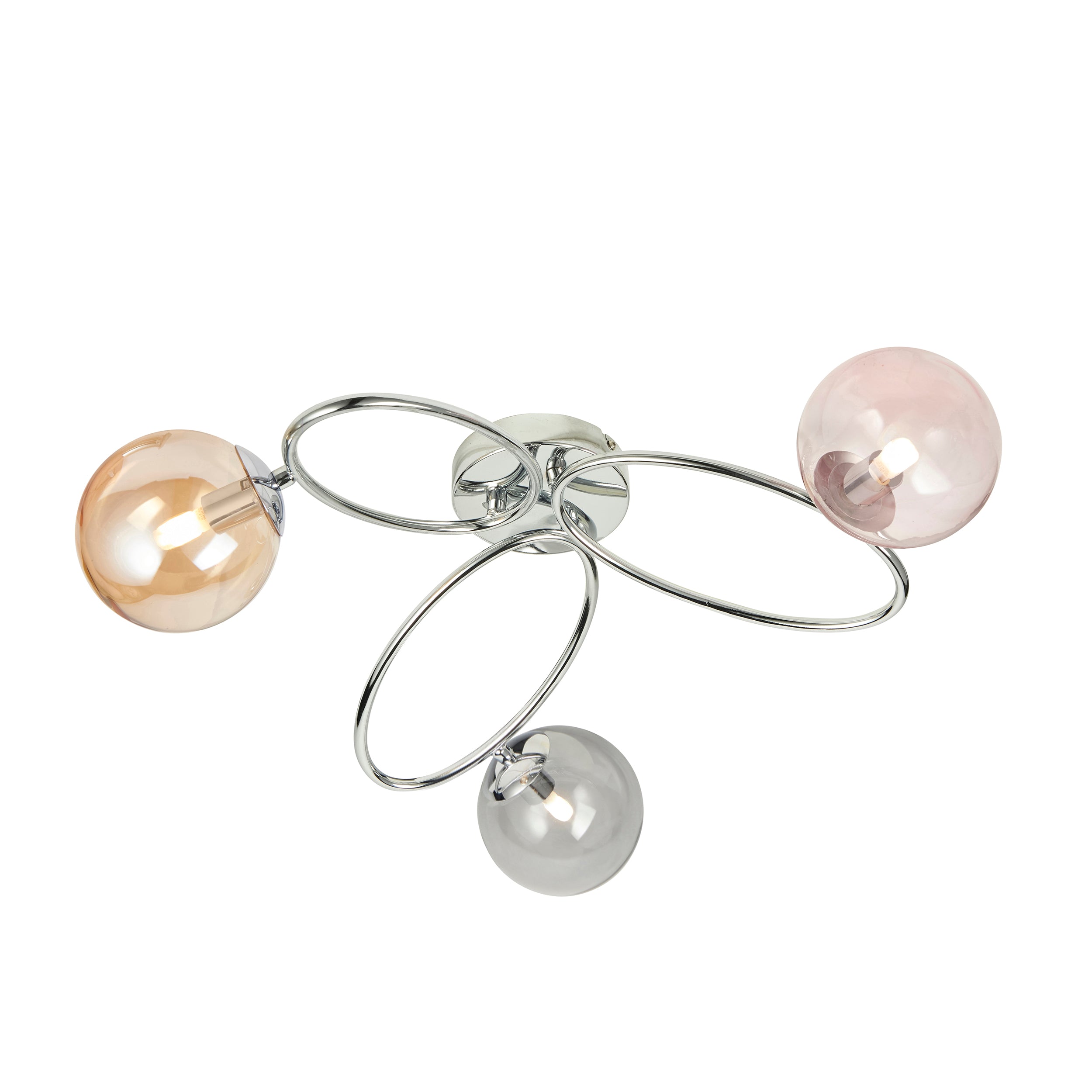 Ellipse 3 Ceiling Light. Chrome Plate With Pink, Champagne & Grey Tinted Glass