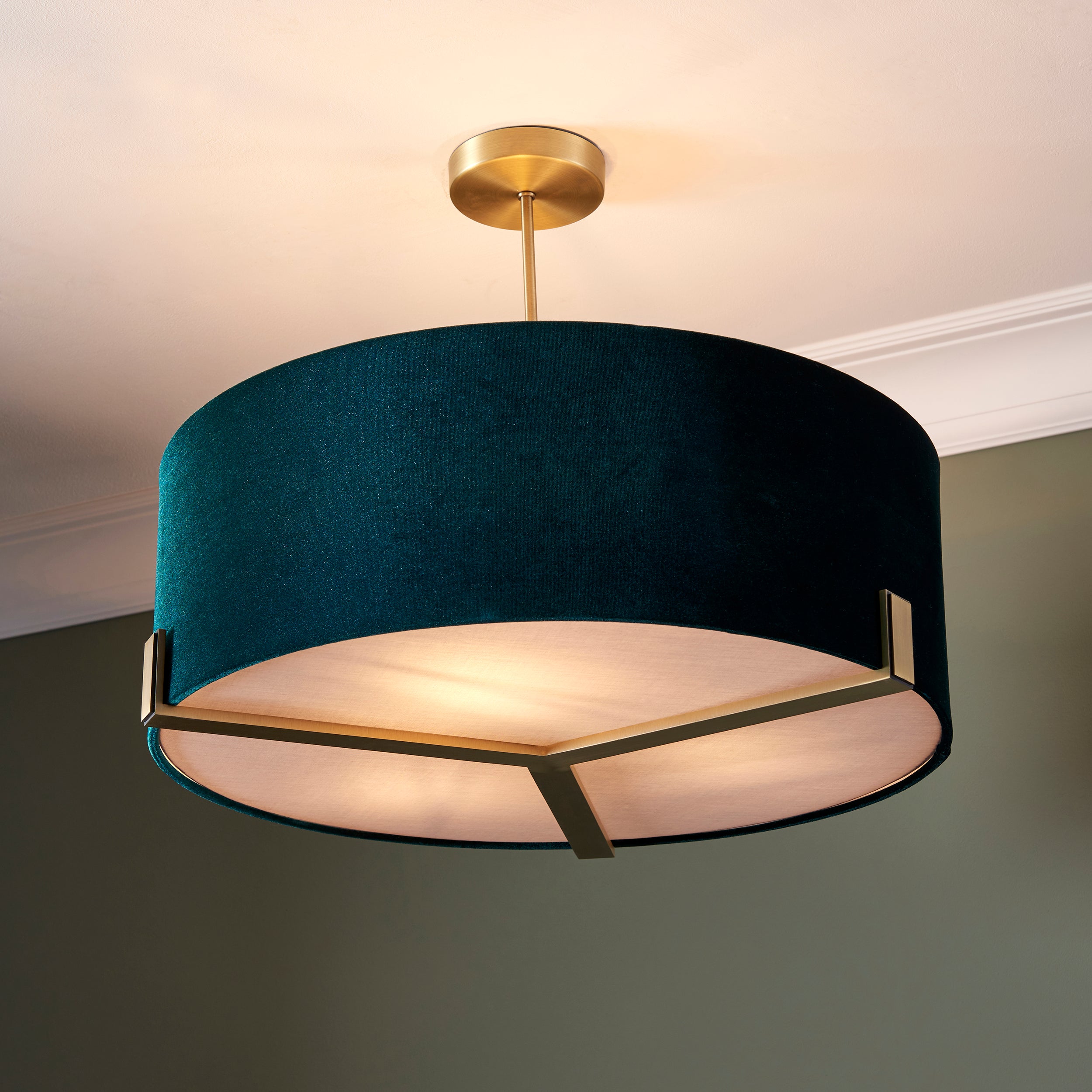 Hayfield 3 Light Pendant. Brass With Rich Velvet Shade