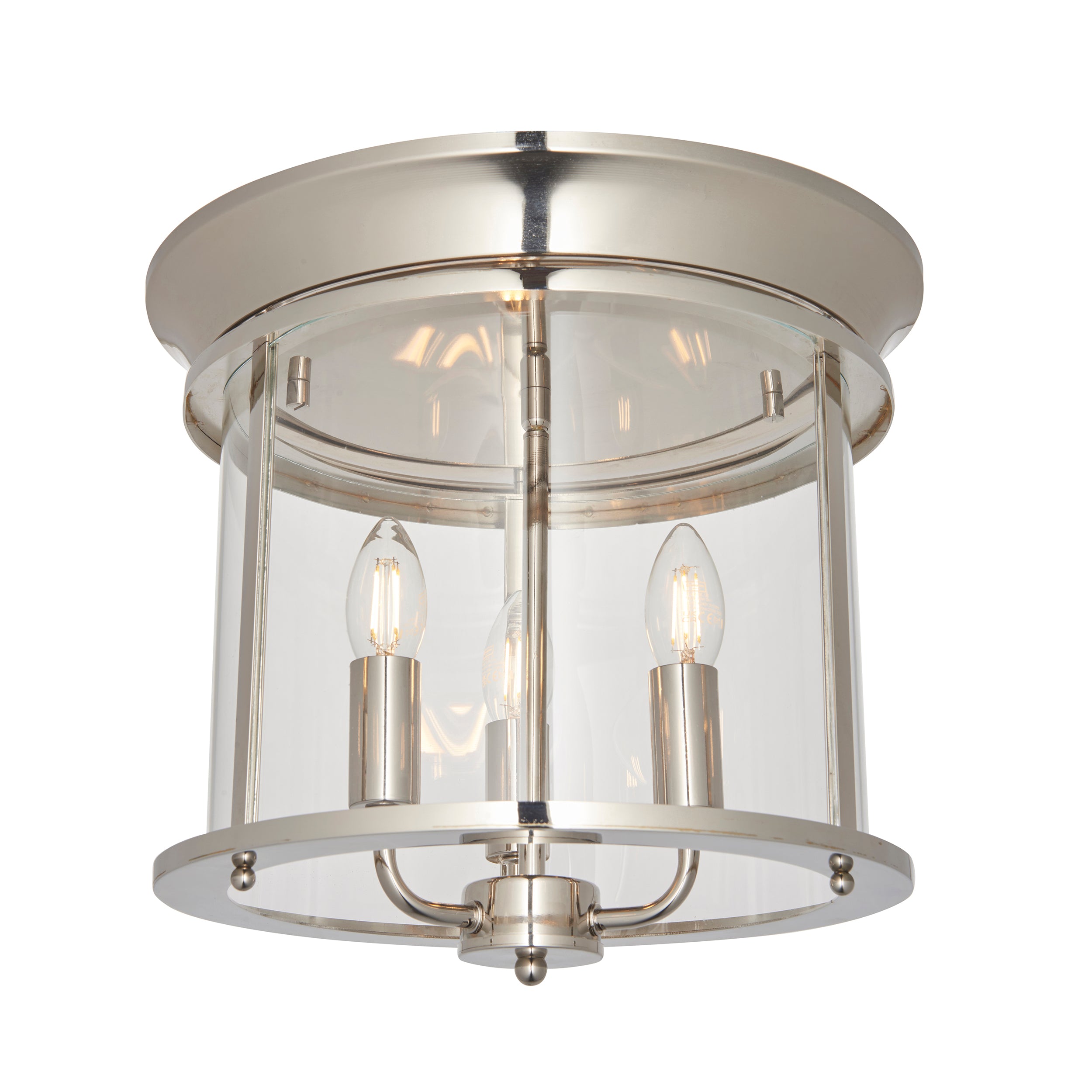 Hampworth 3 Light Flush. Bright Nickel Plate & Clear Glass