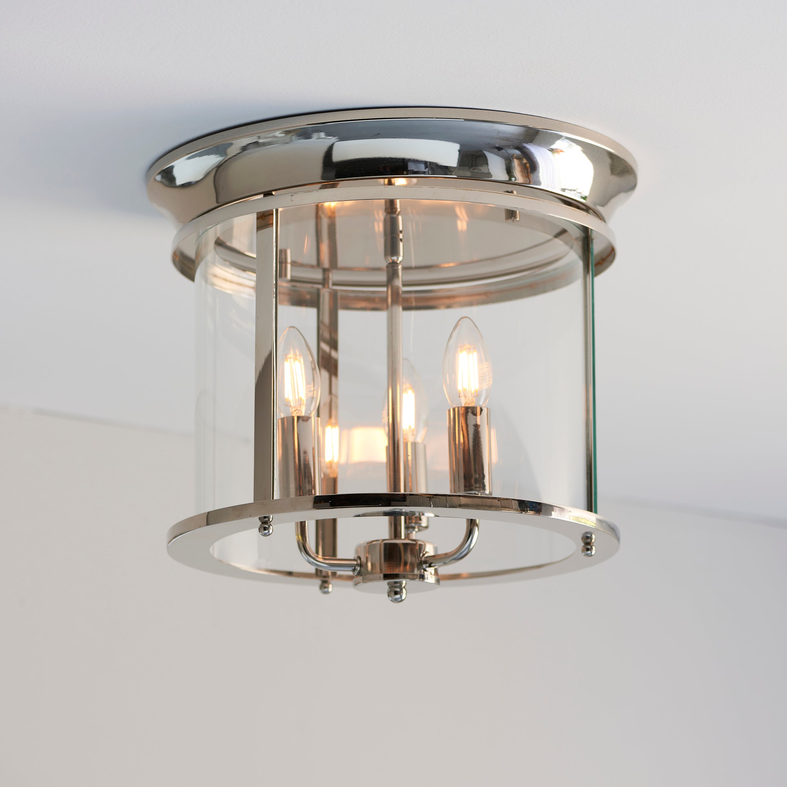 Hampworth 3 Light Flush. Bright Nickel Plate & Clear Glass