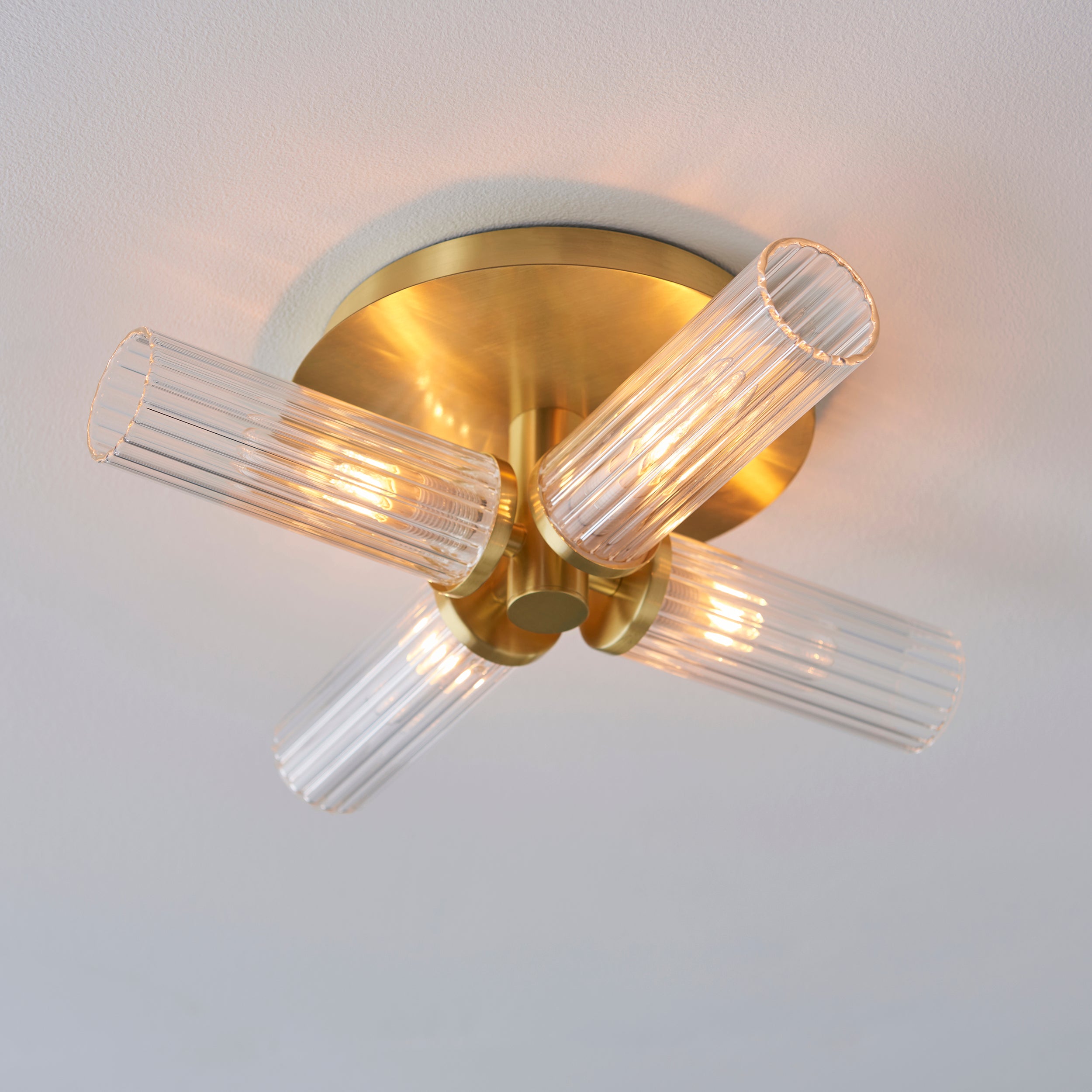 Talo 4 Ceiling Light. Satin Brass Plate & Clear Ribbed Glass