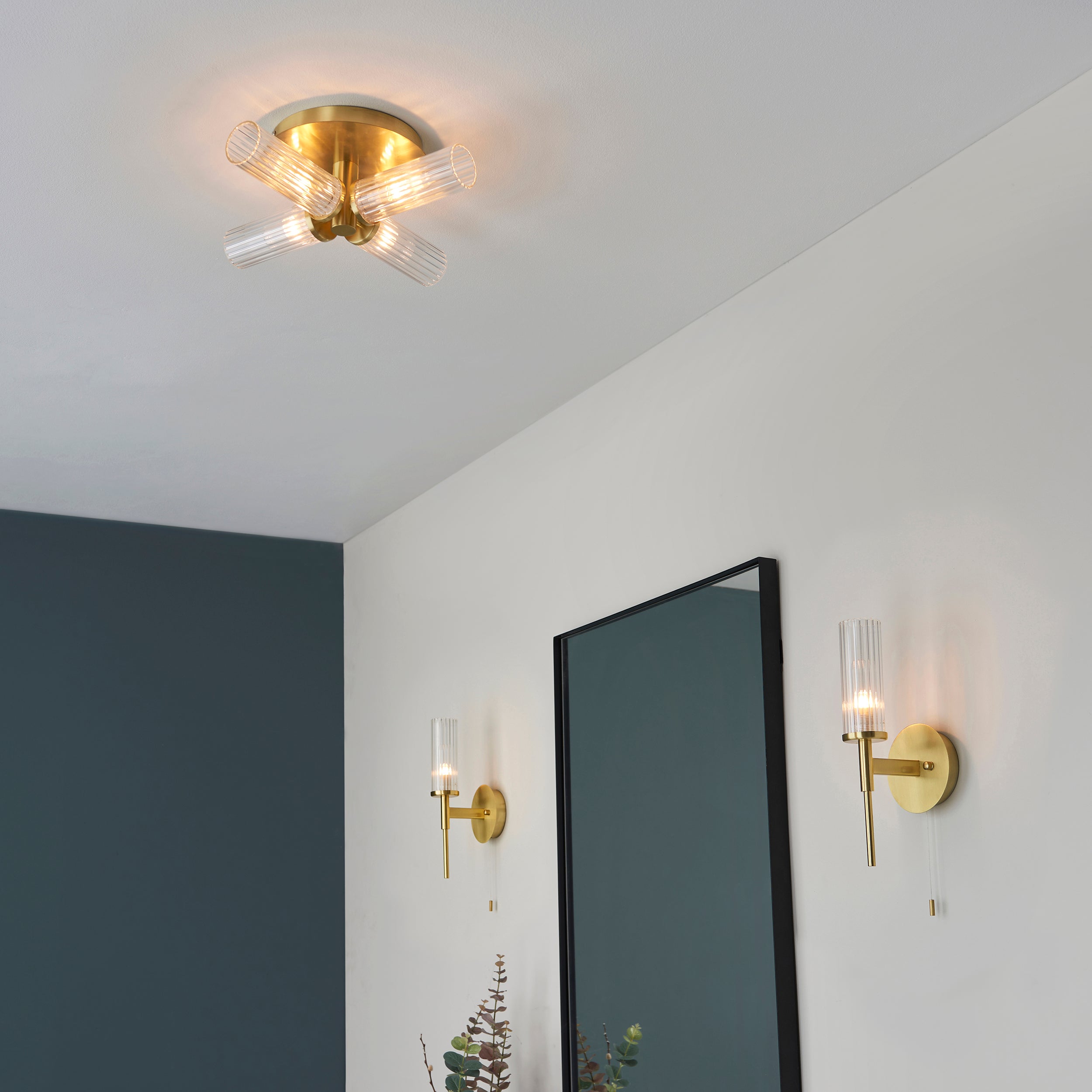 Talo 4 Ceiling Light. Satin Brass Plate & Clear Ribbed Glass