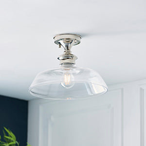 Barford Ceiling Light. Bright Nickel & Clear Glass Shade