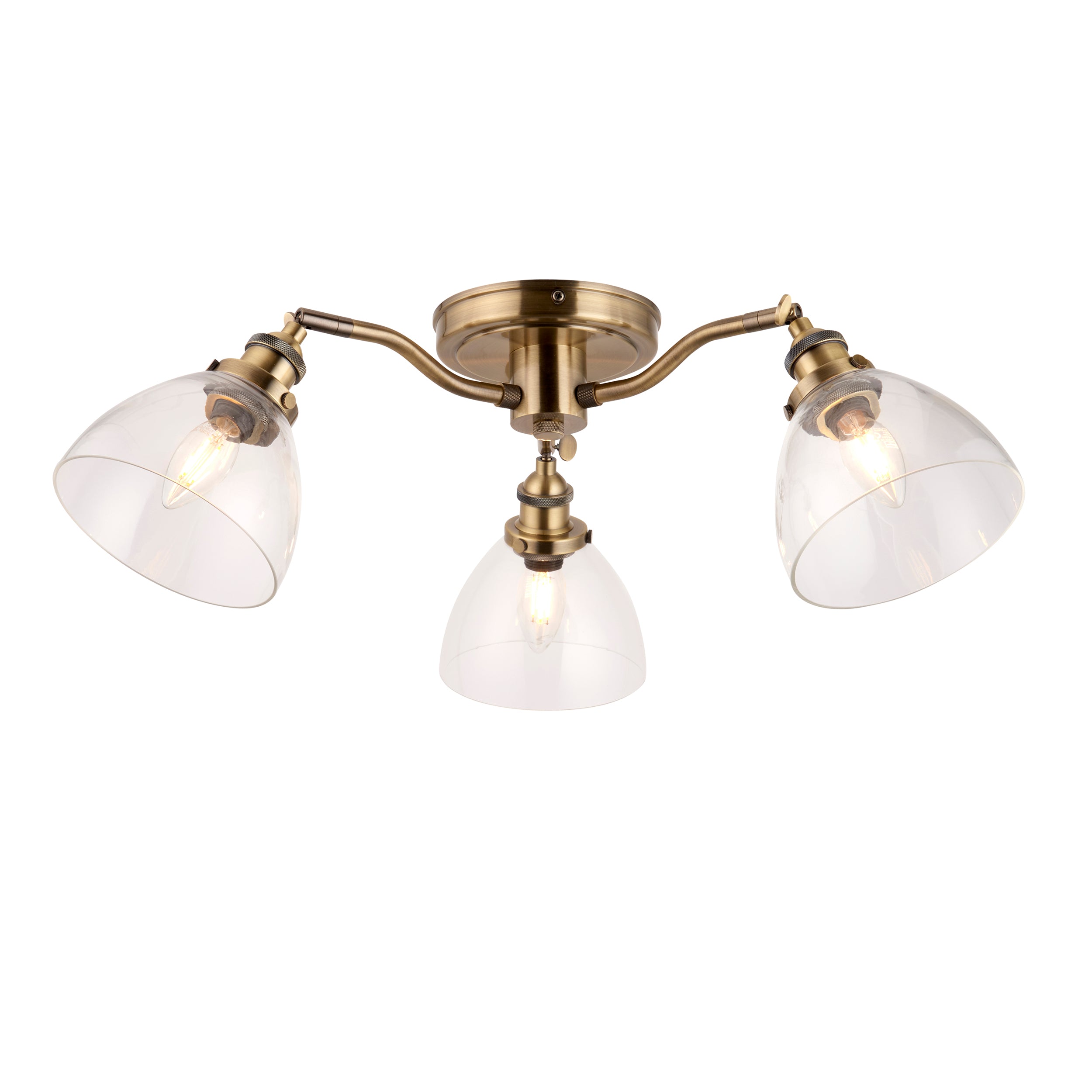 Hansen 3 Ceiling Light. Antique Brass Plate & Clear Glass