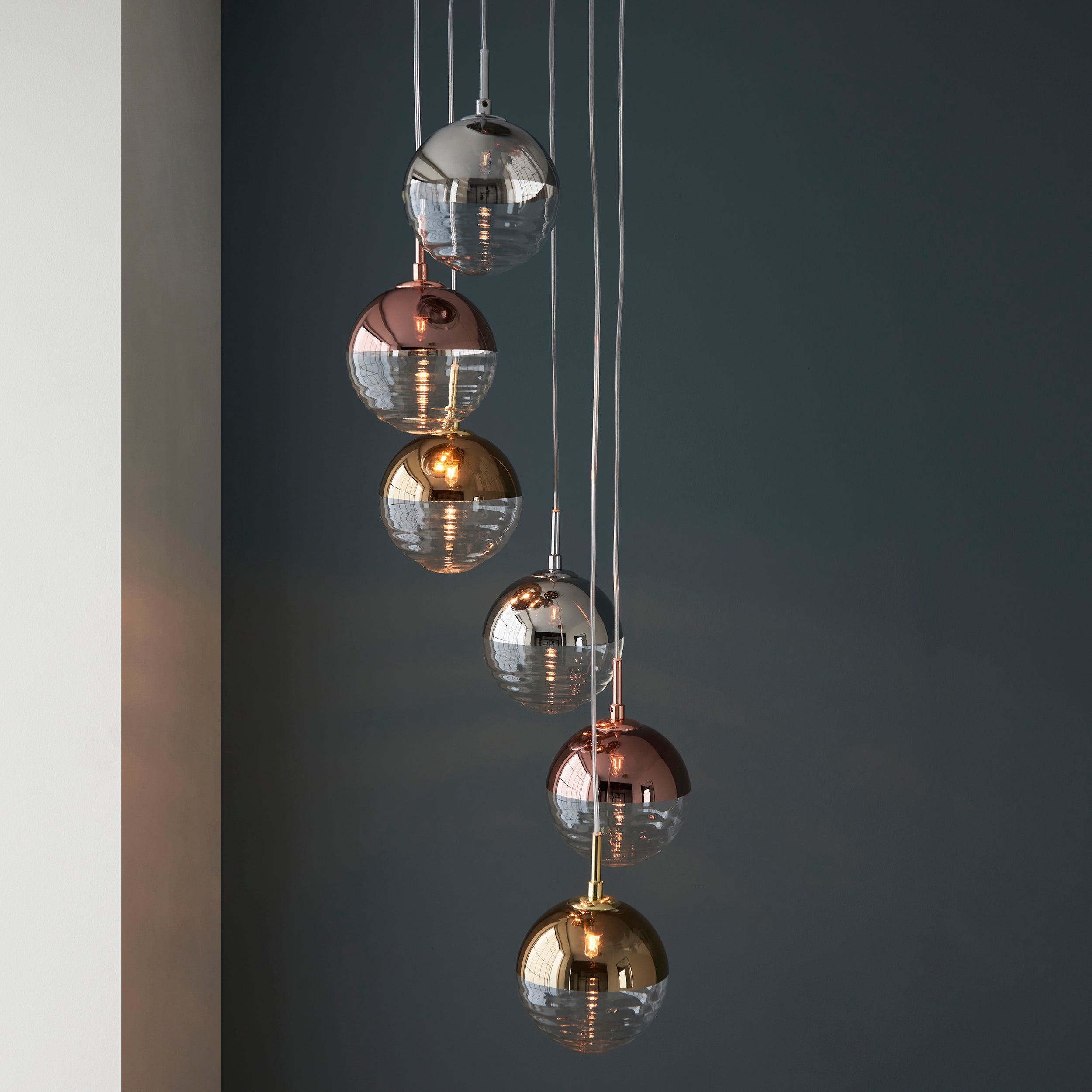Paloma 6 Pendant. Chrome Plate With Chrome, Copper, Gold & Clear Glass