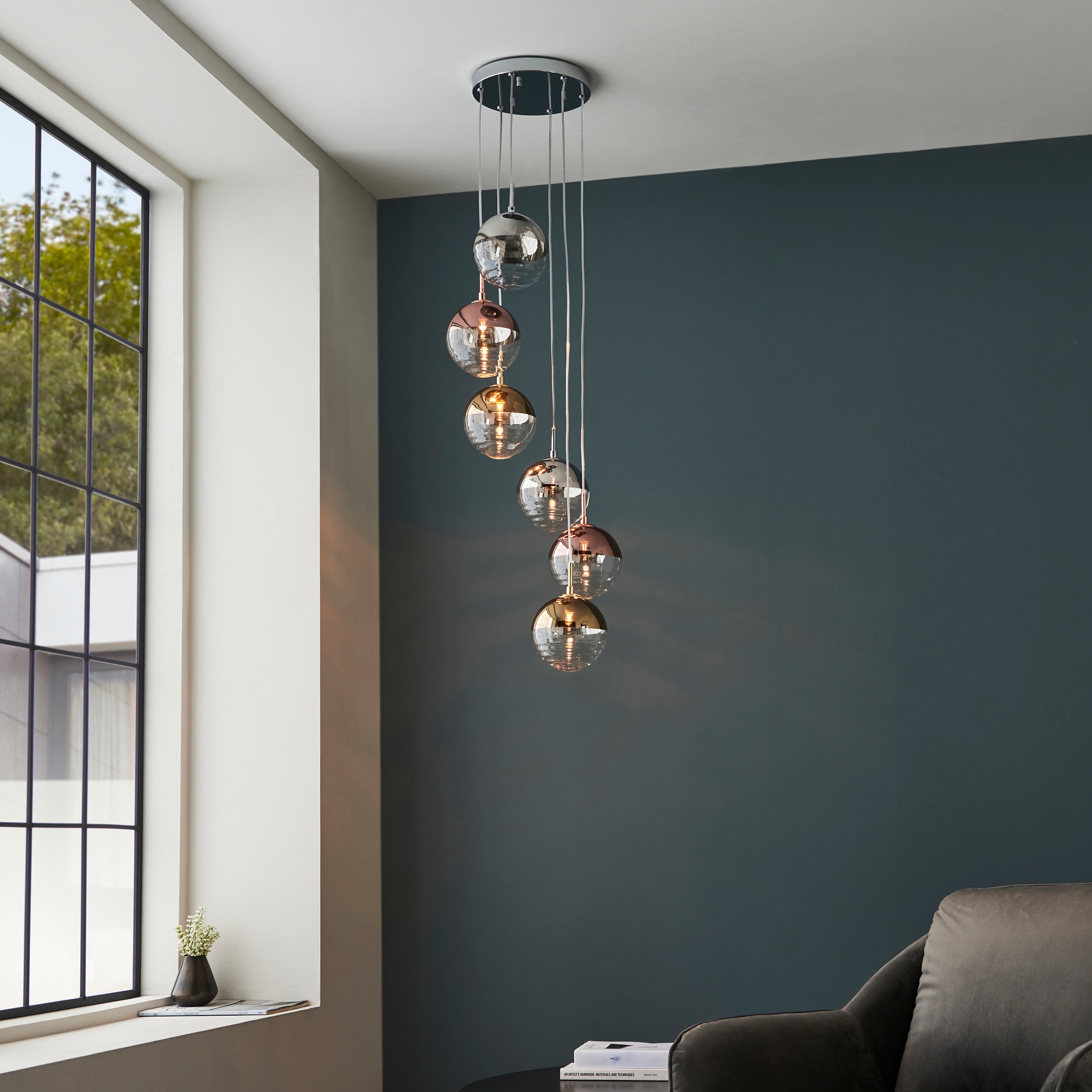 Paloma 6 Pendant. Chrome Plate With Chrome, Copper, Gold & Clear Glass