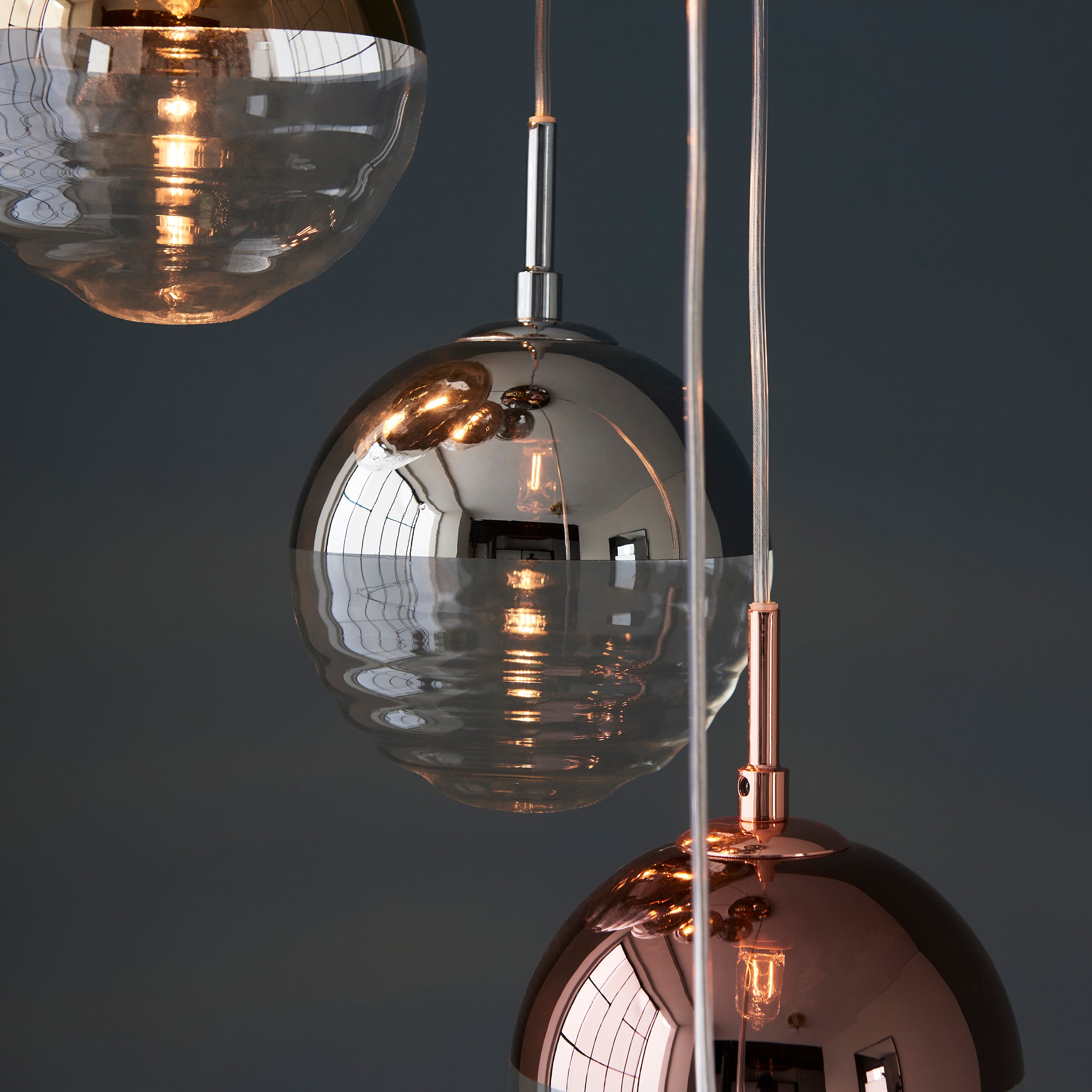 Paloma 6 Pendant. Chrome Plate With Chrome, Copper, Gold & Clear Glass