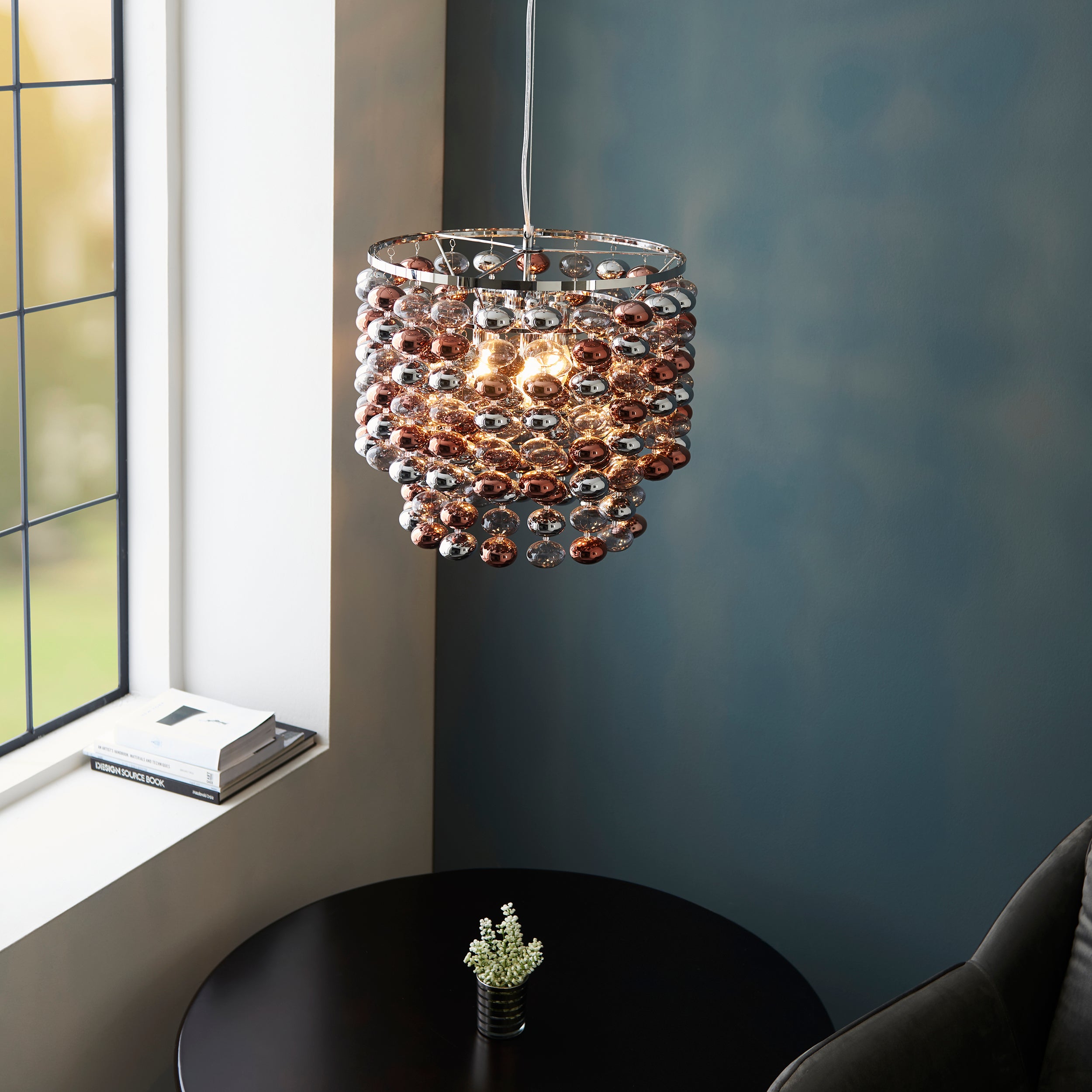 Esme 3 Light Pendant. Chrome Plated With Grey Tinted, Chrome & Copper Plated Glass