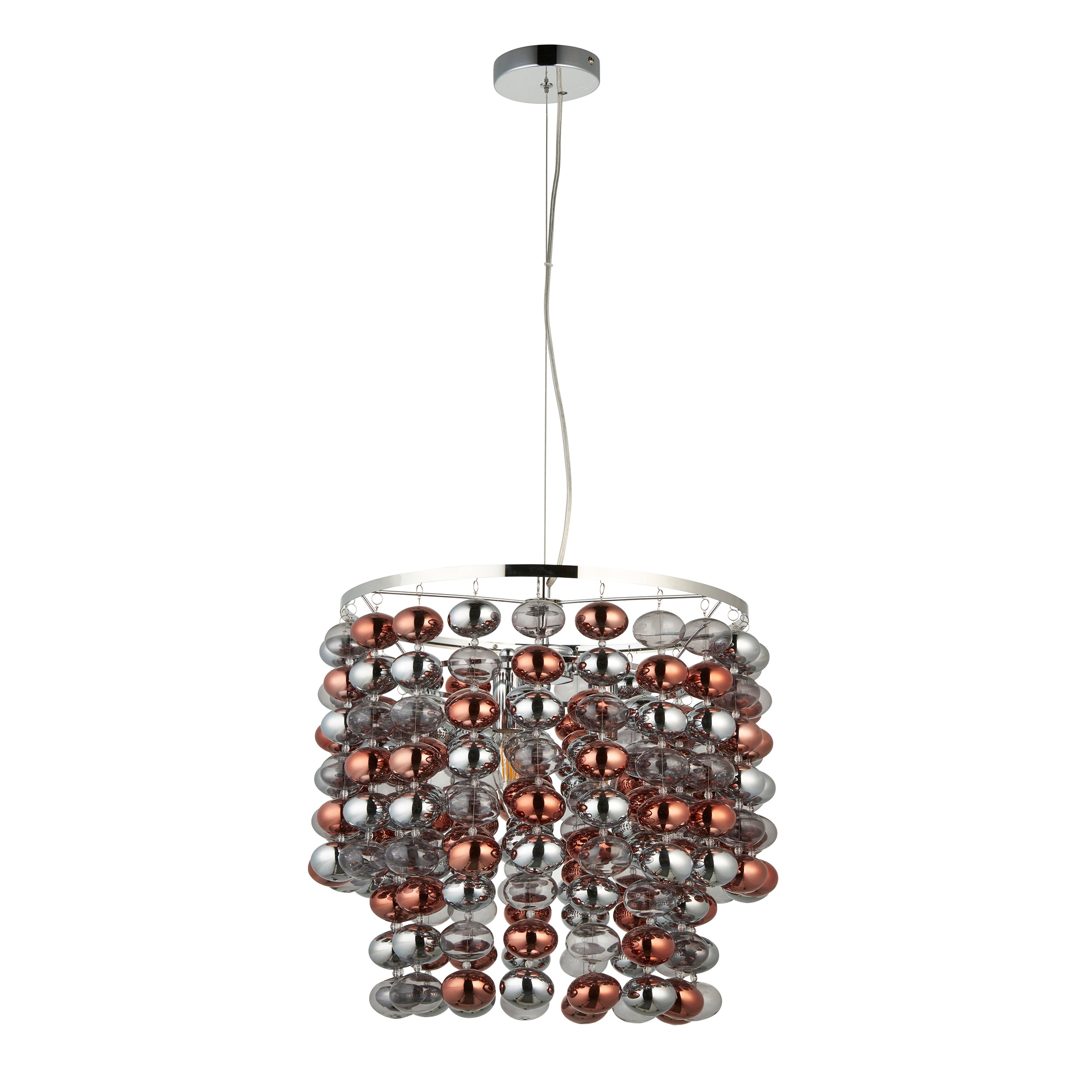 Esme 3 Light Pendant. Chrome Plated With Grey Tinted, Chrome & Copper Plated Glass