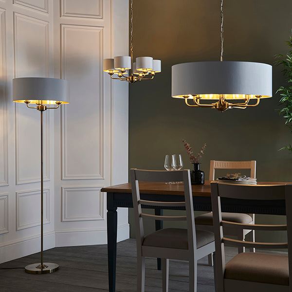 Highclere 6 Pendant. Antique Brass. White Shades
