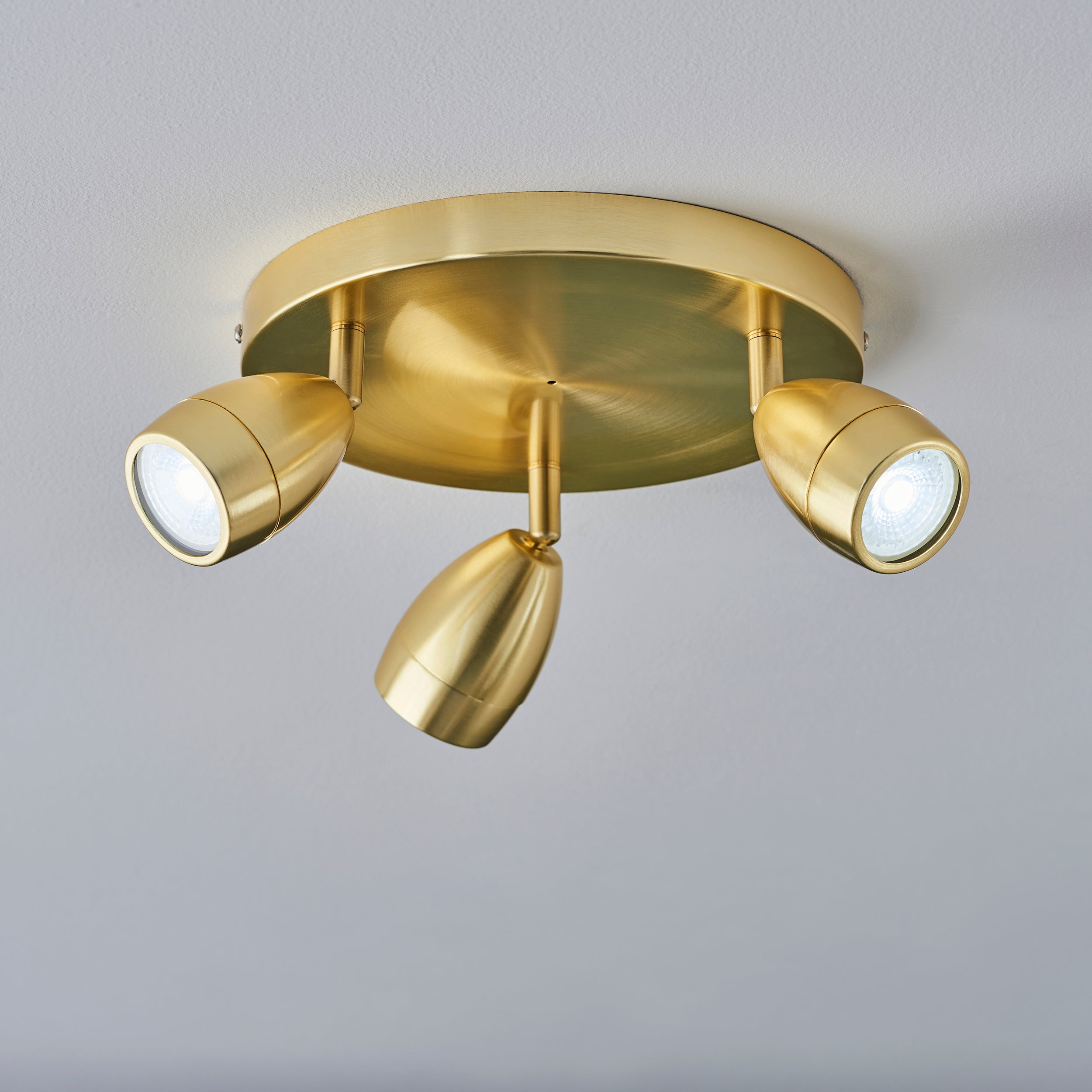 Porto Triple Spotlight. Satin Brass Plate & Clear Glass